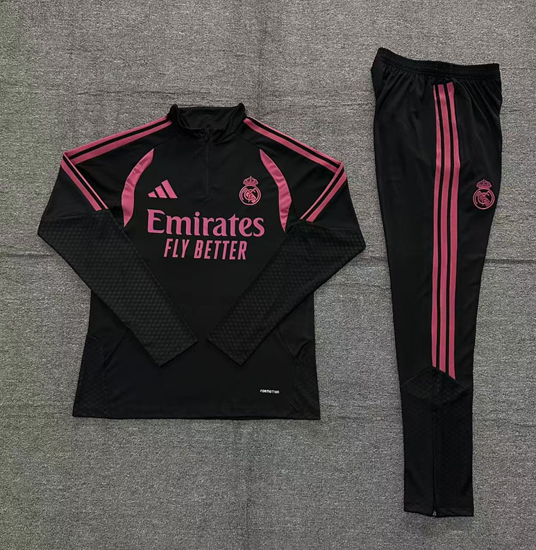 26/27 Adults Half Pull Real Madrid Black with Rose Red Tracksuit 